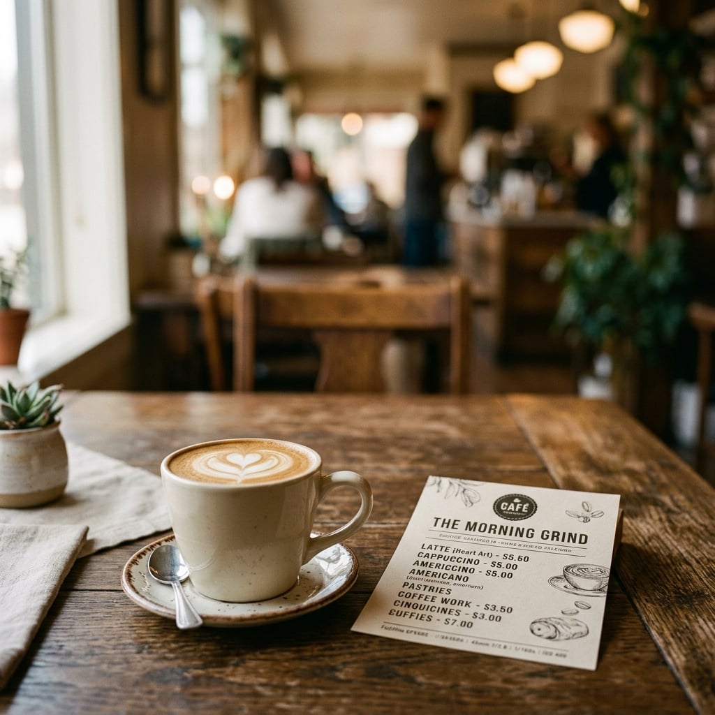Café menu card next to latte with latte art