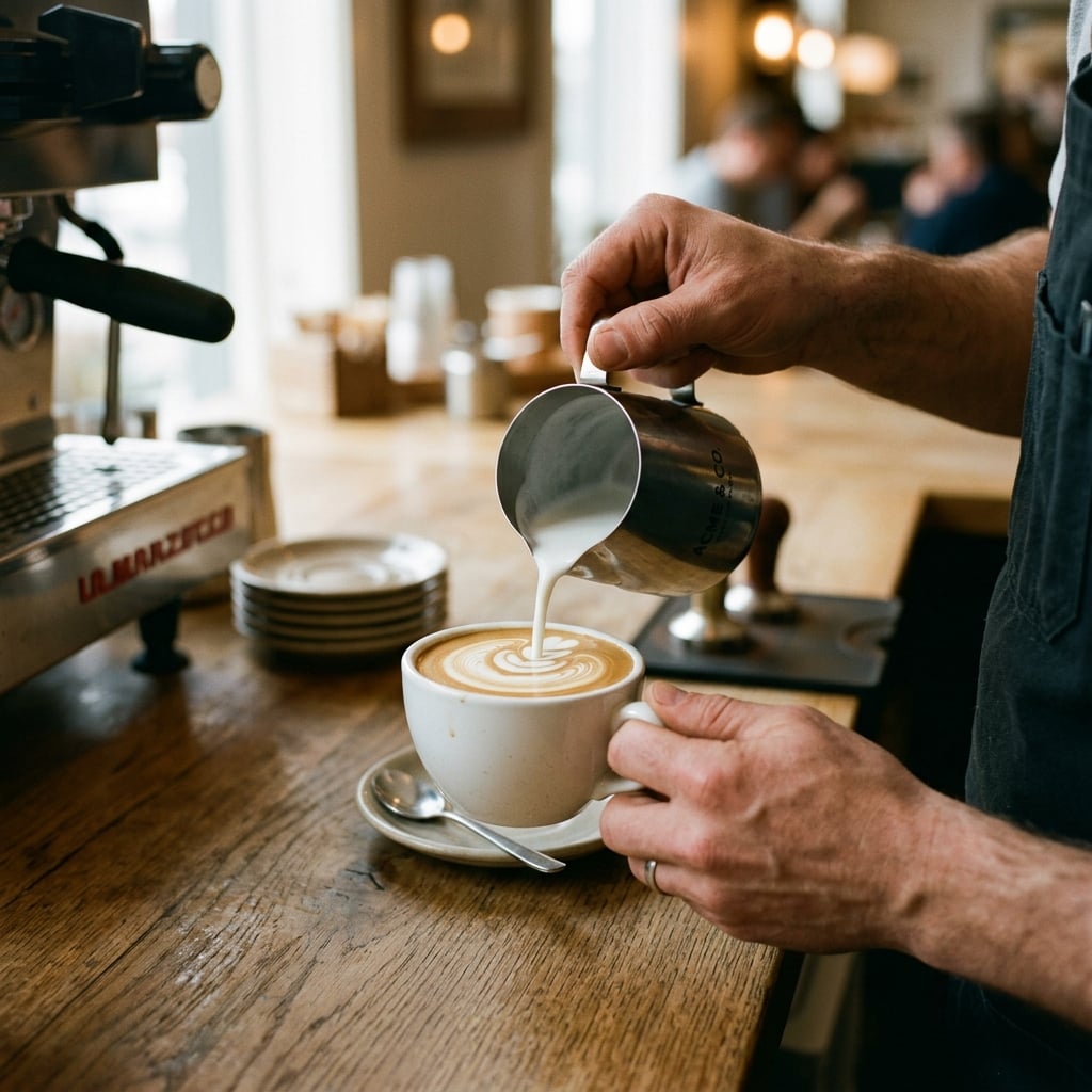 Barista hands pouring latte art